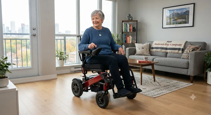 A compact power wheelchair maneuvering smoothly in a modern Canadian apartment living room. compact power wheelchair for apartment living