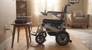 Illustration of a compact power wheelchair connected to a charger, highlighting long-lasting battery life for daily routines.
