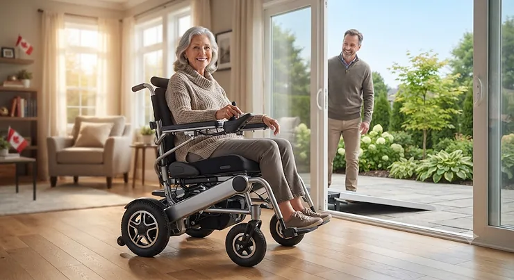 Illustration of a modern compact power wheelchair designed for easy indoor and outdoor mobility in Canadian homes and public spaces.