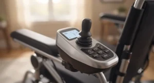 Close-up illustration of the user-friendly joystick controller on a compact power wheelchair for smooth navigation.