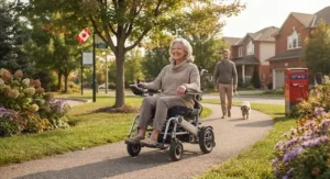 Illustration of a compact power wheelchair smoothly rolling along a paved outdoor pathway in a Canadian neighborhood park.