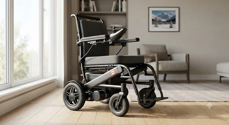 A sleek compact power wheelchair displayed indoors, highlighting its modern design for Canadian users. compact power wheelchairs