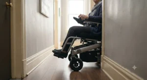 Close-up of a compact power wheelchair demonstrating a tight turning radius inside a confined hallway.