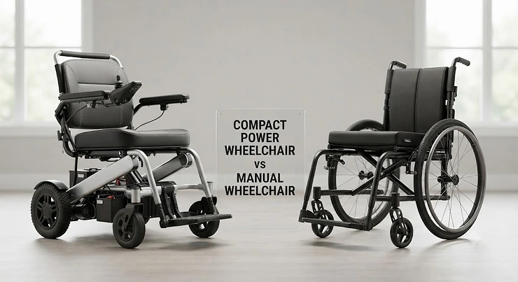 Side-by-side comparison illustrating a compact power wheelchair versus a manual wheelchair for Canadian mobility users. compact power wheelchair vs manual wheelchair