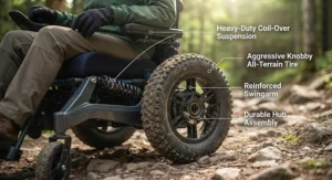 Illustration highlighting the heavy-duty suspension and tires of an all-terrain wheelchair for outdoor use.