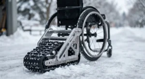 High-durability aluminum frame of a wheelchair snow attachment for wheels built for cold Canadian weather.