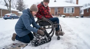 Heavy-duty wheelchair snow attachment for wheels designed to withstand harsh Canadian winter conditions and sub-zero temperatures.