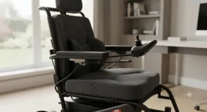 An adjustable ergonomic seat and joystick controller on a high-performance compact power wheelchair.