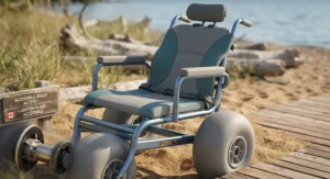 Detailed view of the corrosion-resistant frame and ergonomic seating of a premium beach wheelchair for sand and boardwalks use in Canadian parks.