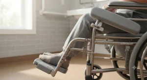 Adjustable footrests and removable armrests on a medical-grade commode wheelchair used in Canadian long-term care facilities.