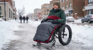 A person staying warm in a Canadian winter wheelchair using a fleece-lined waterproof wheelchair cozy and blanket.