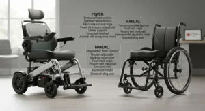 Comparing ergonomic seating and postural support configurations available in compact power wheelchairs versus manual wheelchairs.