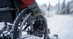 Close-up of winter wheelchair push rims designed for easy gripping with thick winter gloves.
