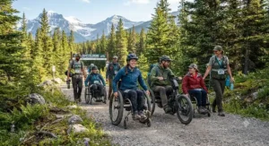 A family preparing for a day trip with a trail wheelchair for wheelchair hikers at a Canadian national park trailhead.