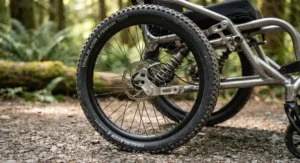 A close-up view of the durable tires and suspension on a modern trail wheelchair for wheelchair hikers.