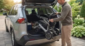 Illustration showing a lightweight, foldable compact power wheelchair being packed for travel or transport in a vehicle trunk.