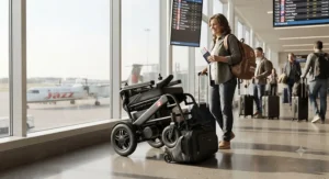 A lightweight foldable compact power wheelchair designed for easy transport and travel across Canada.
