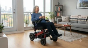 A folding power wheelchair compactly stored beside a closet in a small apartment.