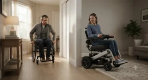 Demonstrating indoor maneuverability and tight space navigation between a compact power wheelchair and a manual wheelchair.