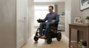A compact power wheelchair maneuvering smoothly through a narrow hallway inside a home.