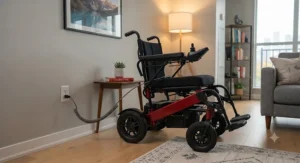 An indoor power wheelchair neatly plugged into a standard wall outlet in a compact living space.