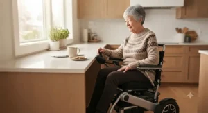 An indoor power wheelchair for seniors plugged into a residential wall outlet for easy overnight charging.