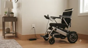 A compact indoor power wheelchair for seniors smoothly passing through a standard interior doorway.