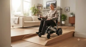 A senior relaxing comfortably at home while seated in a modern indoor power wheelchair.