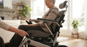 An indoor power wheelchair for seniors positioned comfortably near a kitchen counter for daily tasks.