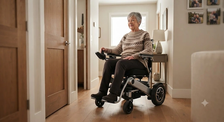 An indoor power wheelchair for seniors safely navigating a modern Canadian living room.