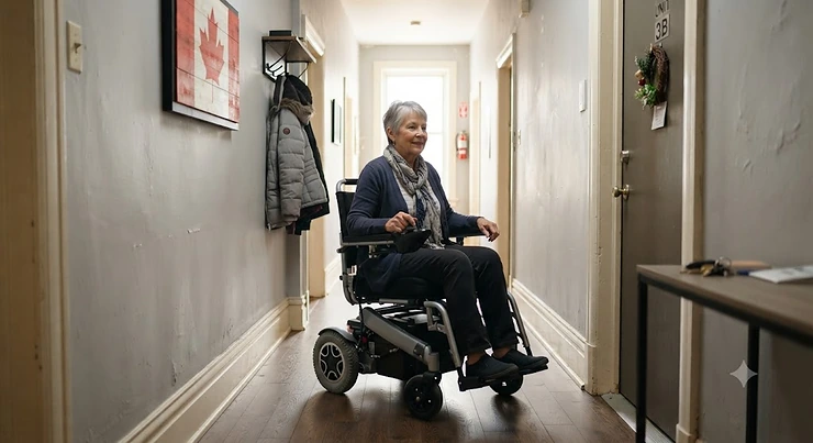 An indoor power wheelchair navigating a narrow apartment hallway, showing compact maneuverability for urban Canadian homes.