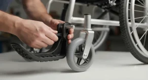 Demonstration of how to easily install a wheelchair snow attachment for wheels onto standard wheelchair casters.