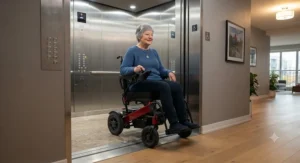 A lightweight power wheelchair entering a modern apartment building elevator.