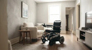 An electric wheelchair designed for narrow hallways parked neatly in a modern Canadian living room.