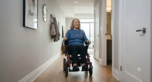 A narrow electric wheelchair easily navigating a tight hallway in an urban condo.