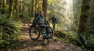 A specialized trail wheelchair enabling wheelchair hikers to access forest paths in British Columbia.