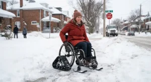 Close-up of a wheelchair snow attachment for wheels securely fitted onto manual wheelchair wheels for deep snow traction.