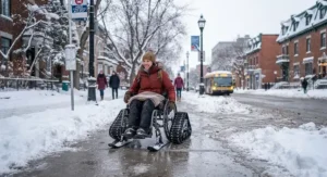An individual using a winter wheelchair for snow along a cleared urban sidewalk during a Canadian winter.