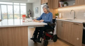 A portable electric wheelchair user comfortably accessing kitchen counters in a Canadian home.