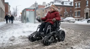 A power wheelchair with heavy-duty winter treads maneuvering through snowbanks and slush on a Canadian city street.