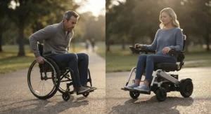 Showing physical exertion and control differences, featuring joystick operation on a power model versus self-propulsion on a manual wheelchair.