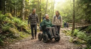 Illustration of friends walking alongside an all-terrain wheelchair for outdoor use during a nature excursion.
