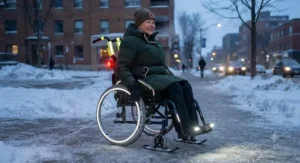 High-visibility reflective accessories and lights on a winter wheelchair for safe travel during short Canadian winter days.