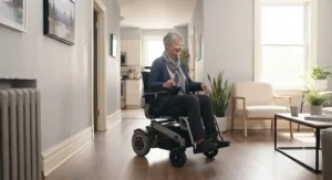 A reliable indoor power wheelchair for narrow hallways positioned in a bright, accessible Canadian home.
