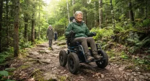 Illustration showing an all-terrain wheelchair for outdoor use handling a gravel and rocky terrain path.
