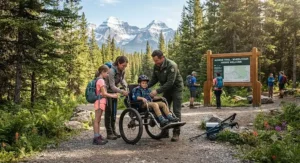 A rugged trail wheelchair built for wheelchair hikers exploring a coastal nature reserve.