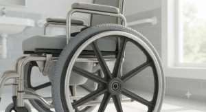Detailed view of the large push-rim wheels on a self-propelled commode wheelchair for upper-body mobility independence.