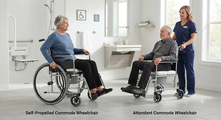 Side-by-side comparison of a self-propelled commode wheelchair and an attendant commode wheelchair for Canadian mobility care needs. self-propelled commode wheelchair vs attendant commode wheelchair