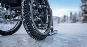 Detailed view of specialized winter wheelchair tires built for traction on ice and snow.