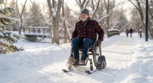 Compact storage bag and lightweight pieces of a detachable wheelchair snow attachment for wheels indoors.